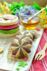 Chocolate cookie and Stack of color pancake with honey
