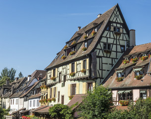 Colmar, Alsace, France,  Medieval old town. Its half timbered houses and channels. Village called small Venice.