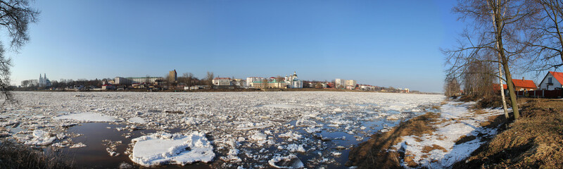 Break-up of the Western Dvina river. Sophia Cathedral. Polotsk. Belarus.
