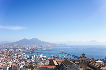 Panoramic view of mount Vesuvio in the background in a summer day - Scenic Naples, Italy