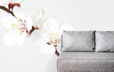  Floral motif wallpaper and modern couch fragment, Interior decor mockup