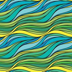 Vector color hand-drawing seamless wave sea background. Blue and