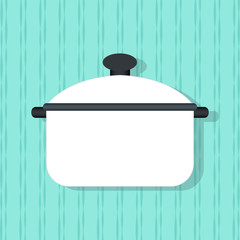 Flat vector pan, kitchenware on the wall background.