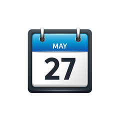 May 27. Calendar icon.Vector illustration,flat style.Month and date.Sunday,Monday,Tuesday,Wednesday,Thursday,Friday,Saturday.Week,weekend,red letter day. 2017,2018 year.Holidays.