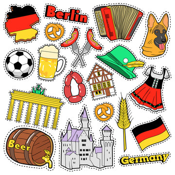 Germany Travel Scrapbook Stickers, Patches, Badges for Prints with Sausage, Flag, Architecture and German Elements. Comic Style Vector Doodle