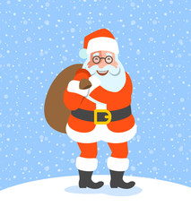 Santa Claus stands and holds bag with Christmas gifts. Cartoon vector illustration. Cute character pose. Snow day background. Greeting card design