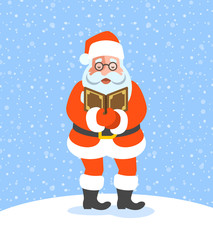 Santa Claus singing Christmas carols. Cartoon vector illustration. Cute character pose. Snow day background. Greeting card design