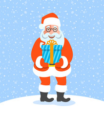 Santa Claus gives a Christmas gift box with bow. Cartoon vector illustration. Cute character pose. Snow day background. Greeting card design
