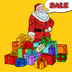 Pop Art Santa Claus with Christmas Gifts on Christmas Sale. Vector illustration