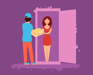 Woman received the goods from online store. Courier delivery. Vector illustration