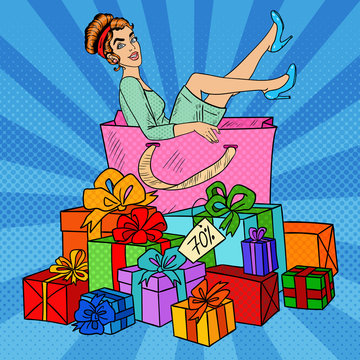 Pop Art Happy Woman In Big Shopping Bag With Huge Gift Boxes. Vector Illustration