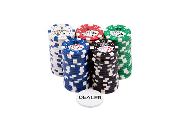 Poker chips on white background