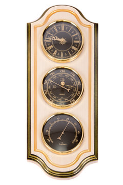 Vintage wooden wall clock with a barometer on a white background