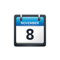 November 8. Calendar icon.Vector illustration,flat style.Month and date.Sunday,Monday,Tuesday,Wednesday,Thursday,Friday,Saturday.Week,weekend,red letter day. 2017,2018 year.Holidays.