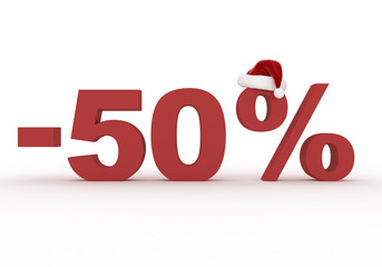 50 Percent discount sign  in the hat of Santa Claus