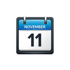 November 11. Calendar icon.Vector illustration,flat style.Month and date.Sunday,Monday,Tuesday,Wednesday,Thursday,Friday,Saturday.Week,weekend,red letter day. 2017,2018 year.Holidays.