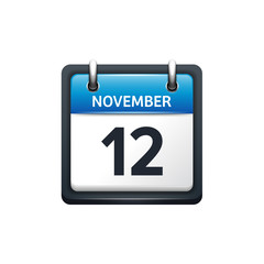 November 12. Calendar icon.Vector illustration,flat style.Month and date.Sunday,Monday,Tuesday,Wednesday,Thursday,Friday,Saturday.Week,weekend,red letter day. 2017,2018 year.Holidays.