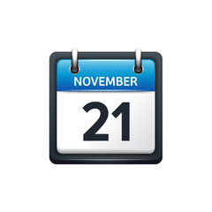 November 21. Calendar icon.Vector illustration,flat style.Month and date.Sunday,Monday,Tuesday,Wednesday,Thursday,Friday,Saturday.Week,weekend,red letter day. 2017,2018 year.Holidays.