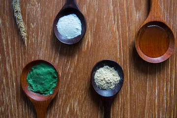 Natural ingredient for skin care on wooden spoon,close up