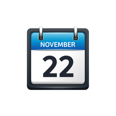 November 22. Calendar icon.Vector illustration,flat style.Month and date.Sunday,Monday,Tuesday,Wednesday,Thursday,Friday,Saturday.Week,weekend,red letter day. 2017,2018 year.Holidays.