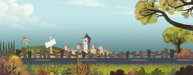 Obraz premium Campo con pueblo rural con arboles