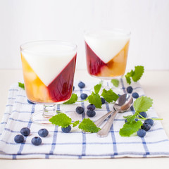 milk-fruit jelly with blueberries and mint