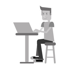 young man sitting working computer monochromatic vector illustration eps 10