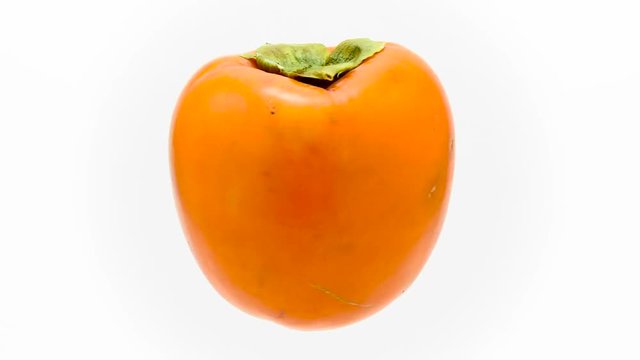 Orange mature kaki suspended in the air rotates in loop 