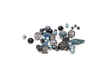 Decorative colorful beads scattered on white background - accessories for handmade and hobby