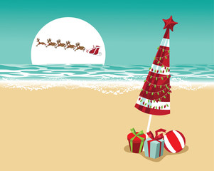 Christmas in a warm climate background. Santa Claus delivers gifts over a Beach umbrella with Christmas lights and Christmas gifts.