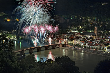 Fireworks at Karl Theodor Bridge in Heidelberg, Germany
