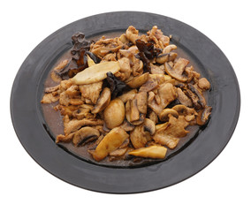 Pork with black and white mushrooms and bamboo shoots