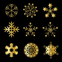 Set of Gold Snowflakes  Vector  Icon Symbol Design. Vector Winter illustration isolated on black background