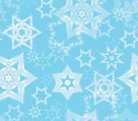 Seamless texture with snowflake fractal ornaments in light blue and white glitter. Consists of many snowflakes of several shapes and sizes. Suitable as wrapping paper for Christmas or winter decor.