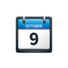 October 9. Calendar icon.Vector illustration,flat style.Month and date.Sunday,Monday,Tuesday,Wednesday,Thursday,Friday,Saturday.Week,weekend,red letter day. 2017,2018 year.Holidays.