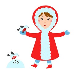 Cute girl in red jacket makes snow bird vector.