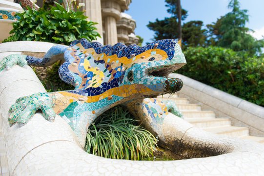 Park Guell - fountain mosaic sculpture designed by Antoni Gaudi, Barcelona, Spain