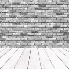 Wooden white balcony and brick wall background