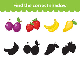 Children s educational game, find correct shadow silhouette. Fruit set the game to find the right shade. Vector illustration