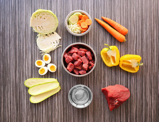 Healthy dog food, flat lay