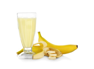 Tasty milk shake with banana isolated on white