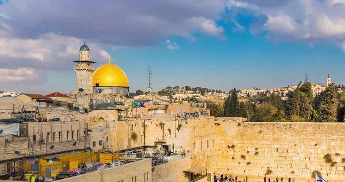 View to Western Wall known at the Wailing Wall or Kotel in Jerusalem is a major Jewish sacred place, Old city and the Temple Mount, Dome of the Rock and Al Aqsa Mosque - Time Lapse, Zoom Out