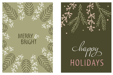 Christmas Card round design. Merry and Bright. Happi Holidays. Hand drawn vector illustration.