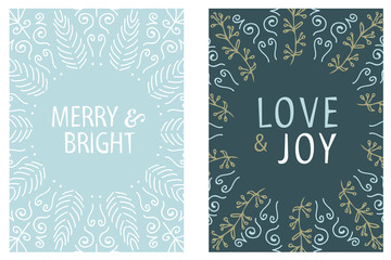 Christmas Card round design. Merry and Bright. Love and Joy. Hand drawn vector illustration.