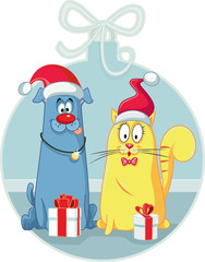 Cat and Dog with Christmas Gifts Vector Cartoon