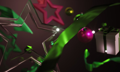 Christmas Ornament Glass Stars on Dark Background 3D Rendering