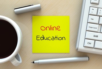 Online Education, message on note paper, computer and coffee on table, 3D rendering