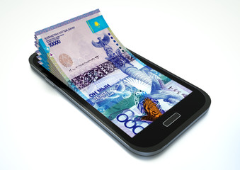 3D rendered Mobile phone with Kazakhstan money coming out of it isolated 