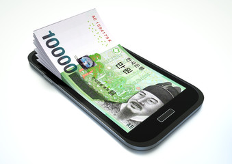 3D rendered Mobile phone with South Korea money coming out of it isolated 