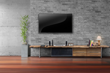 Living room led tv on brick wall with wooden table 